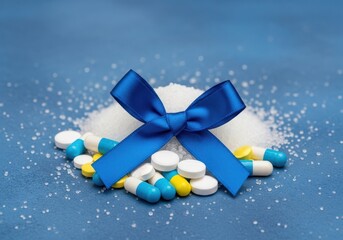 Apile of pills and sugar with a blue ribbon on top