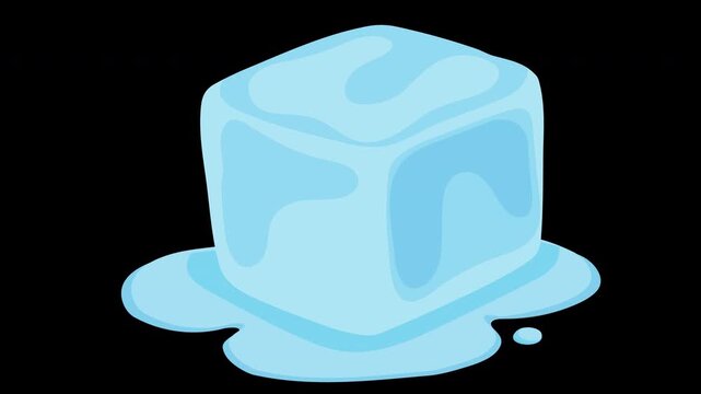 Melting blue ice cube transformation animation on black background