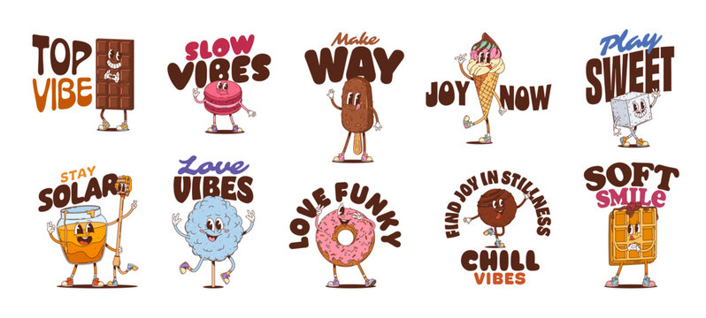 Sweets and desserts Y2K groovy stickers of cartoon funny pastry, vector characters. Y2K groovy stickers of funky ice cream with happy donut and smiling waffles in good mood with positive emotions