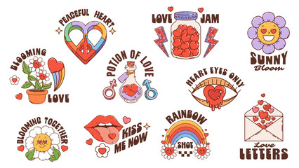 Valentine love hippie y2k groovy stickers. Cartoon vector charming retro flowers, rainbow, hearts and sweet slogans with love potion, jam jar, heart shaped peace sign, letter and smiling daisies