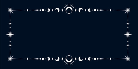 Esoteric celestial frame. Vector gold mystical magic decorative border, adorned with golden stars, suns, moons and beams. Mystic boho style magical, astrological, wicca background with space symbols © Buch&Bee