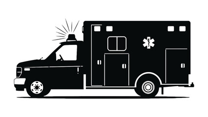 An ambulance vehicle with a flashing light is depicted in silhouette.