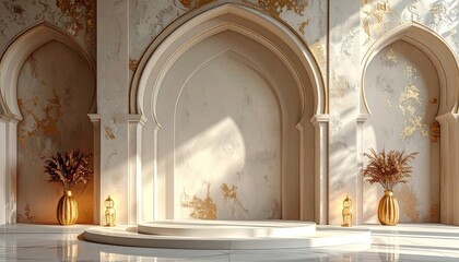 Luxurious interior with arches and vases.