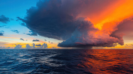 Majestic Sunset Over Ocean with Dramatic Clouds and Colorful Sky