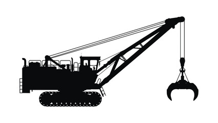 A silhouette of a large industrial crane with a claw attachment is shown.