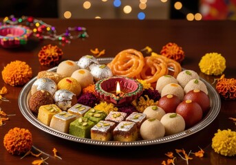 Assorted indian sweets on a decorative platter for a festive celebration