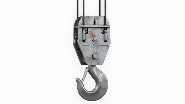 Heavyduty industrial crane hook and pulley system on a white background ready for lifting and construction tasks.