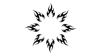 A circular arrangement of stylized black flames on a white background.
