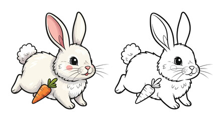 Fototapeta premium Cute Cartoon Bunny Rabbit With Carrots and Easter Eggs Coloring Page for Kids Activity