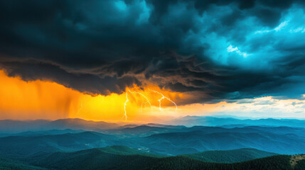 Dramatic Lightning Storm Illuminates Mountain Landscape at Twilight