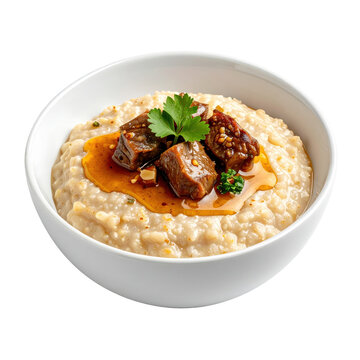 Traditional asida wheat porridge drizzled with golden honey, a sweet and comforting north african dish, perfectly isolated on white background for a clean presentation