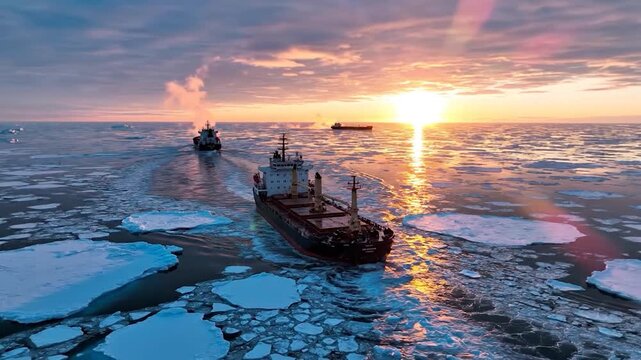 Cargo ships navigating icy waters at sunset