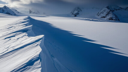 Serene snowy mountain landscape with deep shadows, creating a dramatic atmosphere with natural lighting and rugged terrain
