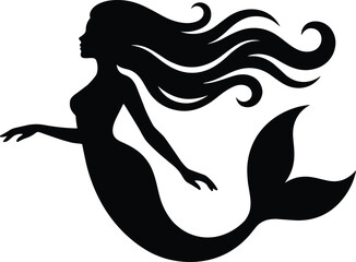 Obraz premium Beautiful mermaid silhouette with flowing hair swimming underwater, fantasy sea creature black vector illustration isolated on white background design