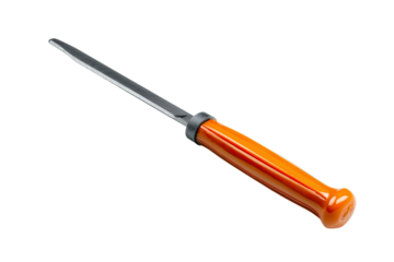 Orange-handled knife w/ thin, shiny blade; black collar