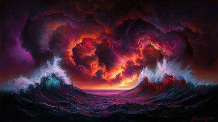 Dramatic Seascape with Turbulent Waves and Fiery Sunset Sky