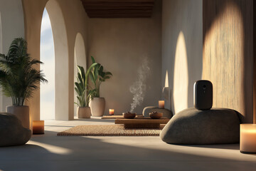 Serene Spa Corridor With Incense Smoke Arched Architecture Potted Plants And Warm Lighting