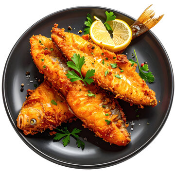 Gourmet-style dutch kibbeling presented on a wooden board with lemon wedges and dipping sauce, beautifully isolated on a white background