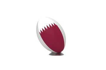 Rugby ball with the Qatar national flag on a kicking tee isolated on grey background