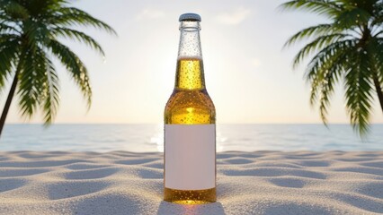A bottle of beer on a sandy beach with palm trees