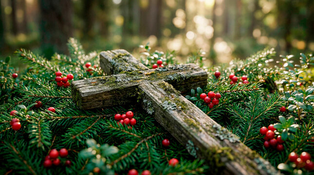 christmas tree deA wooden cross covered in moss lies among dense spruce branches adorned with bright red berries. Christian faith symbol in a forest setting for Christmas or Eastercorations