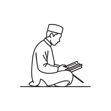 Muslim man sitting and reading the holy Quran on a book stand line art illustration for spiritual study