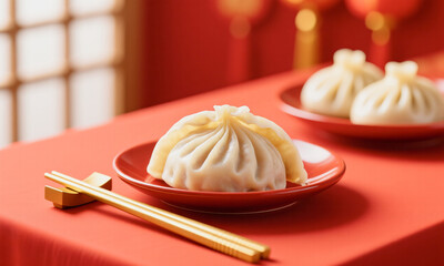 Festive dumpling scene minimal red table gold chopsticks  Generative AI