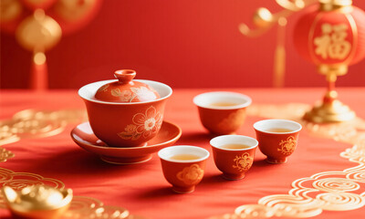 Traditional tea set for lunar new year red cloth background gold decor  Generative AI