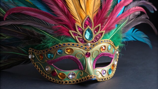 A vibrant masquerade mask adorned with colorful feathers and gemstones on a dark background