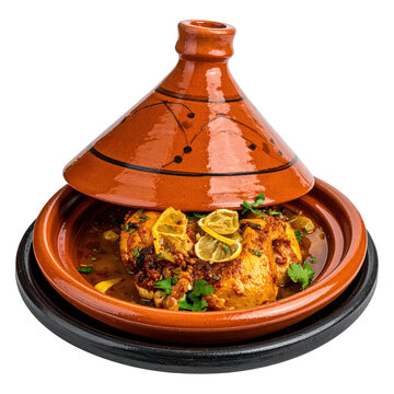 Fragrant moroccan chicken tagine with preserved lemons and olives, a traditional and aromatic stew, perfectly isolated on white background