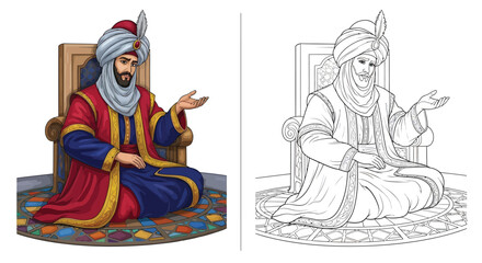 Royal Sultan Sitting on Ornate Palace Throne in Color and Detailed Line Art Sketch