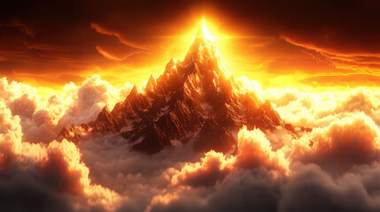 Majestic Mountain Peak Surrounded by Dramatic Sunrise Clouds