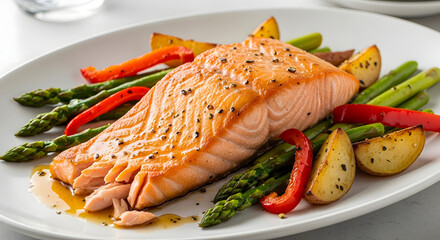 Grilled salmon fillet with roasted vegetables on a plate