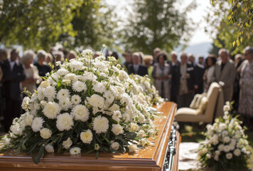 Coffin adorned with white floral arrangement surrounded by mourners during outdoor funeral ceremony