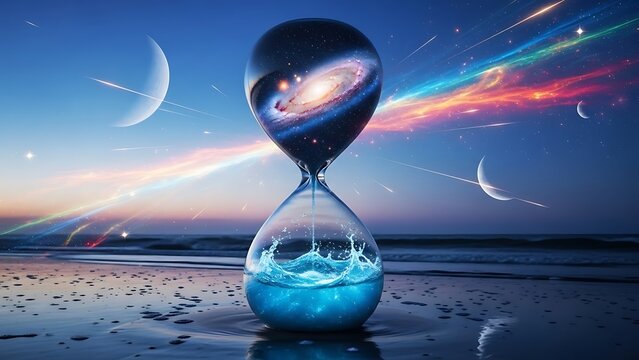 Cosmic Hourglass on Beach with Galaxy and Water Splashes at Twilight - Powered by Adobe