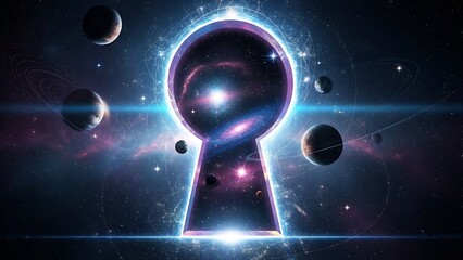 Mysterious Cosmic Keyhole Revealing a Vibrant Galaxy, Stars, and Distant Planets