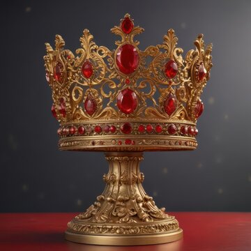 Regal golden crown with intricate details and vibrant red gemstones atop a pedestal ,  royal,  regalia