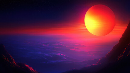 Majestic Sunset Over Mountain Range with Vibrant Colors and Glow