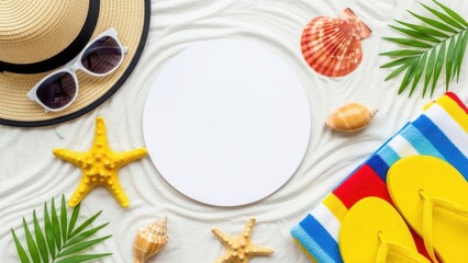 Beach themed summer vacation accessories on sandy background