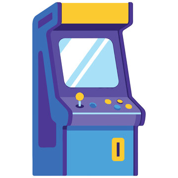 A colorful illustration of a classic arcade machine with a purple and blue body