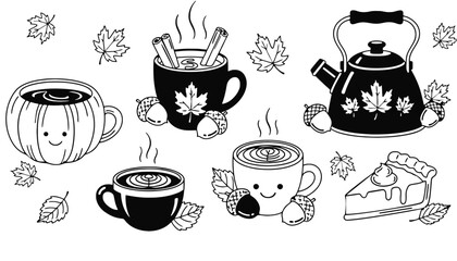 A set of black and white illustrations of autumnal themed drinkware and dessert