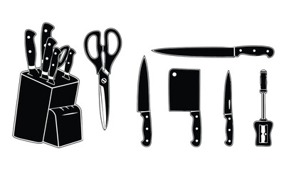 A set of kitchen utensils including knives and scissors on a white background