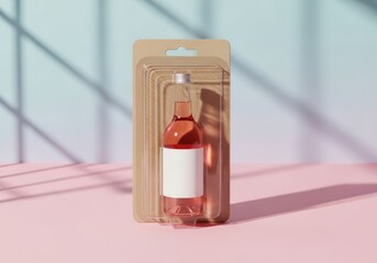A bottle of wine in a brown package on pink surface