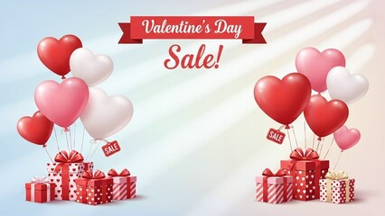 Valentine's Day Sale Balloons and Gifts Floating with Red Hearts and Discount Tags