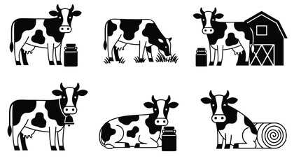 A set of black and white cow illustrations in various farm scenes