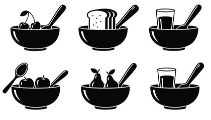 A set of black and white icons depicting bowls of food and drink