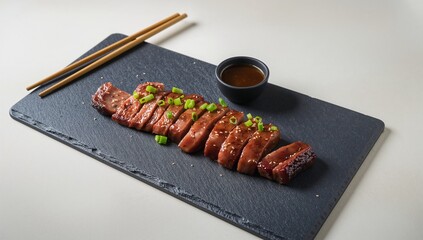 Galbi with tender grilled beef ribs, rich savory marinade, smoky caramelized surface, and bold Korean barbecue flavor, appetizing dining presentation with vibrant textures and clean modern food visual