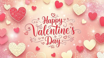 Happy Valentine's Day greeting card with pink hearts and calligraphy on glittery background