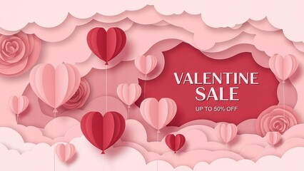 Valentine Sale Banner with Hearts and Roses on Pink Background 3D Render