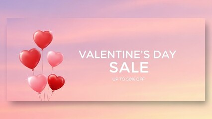 Valentine's Day Sale Banner with Floating Red Heart Balloons on Soft Pink Gradient Background